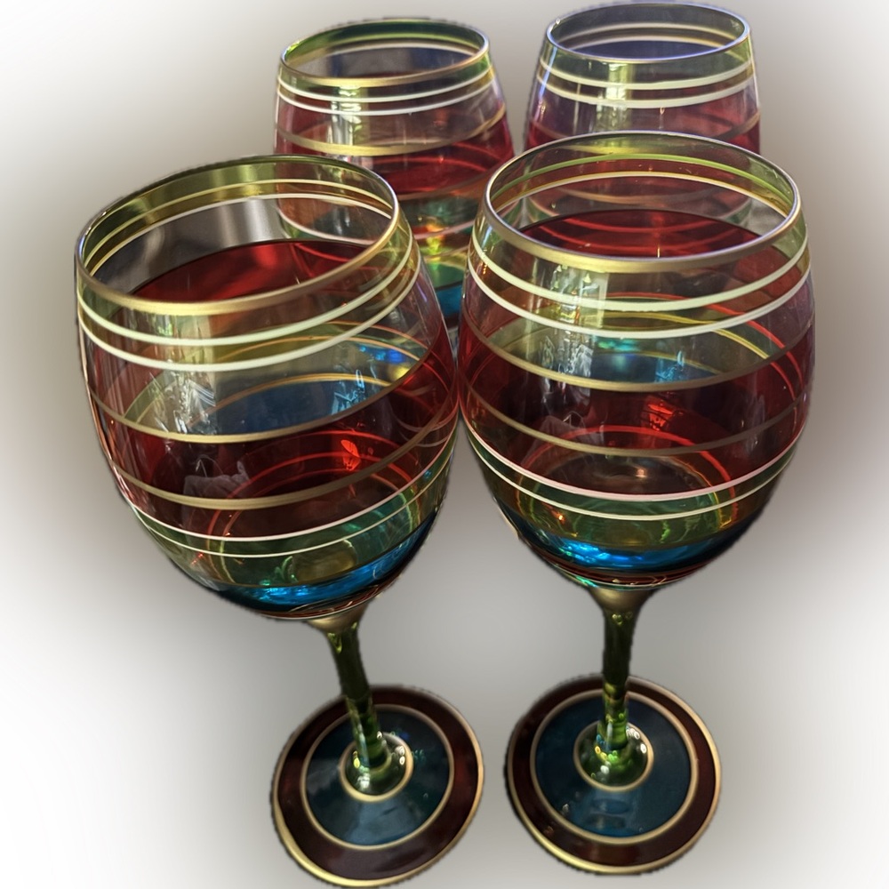 VTG Pier 1 Imports Festive Stripe Wine Glasses Set of 4 - Hand Painted Gold Gilt